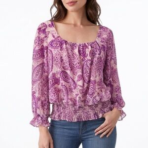 MELANIE LYNE Purple Paisley Square Neck Blouse Smocked Waist Size 4